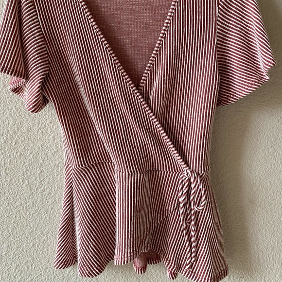 Red & White Striped Ribbed Flutter Sleeve Top - Picture 2 of 5